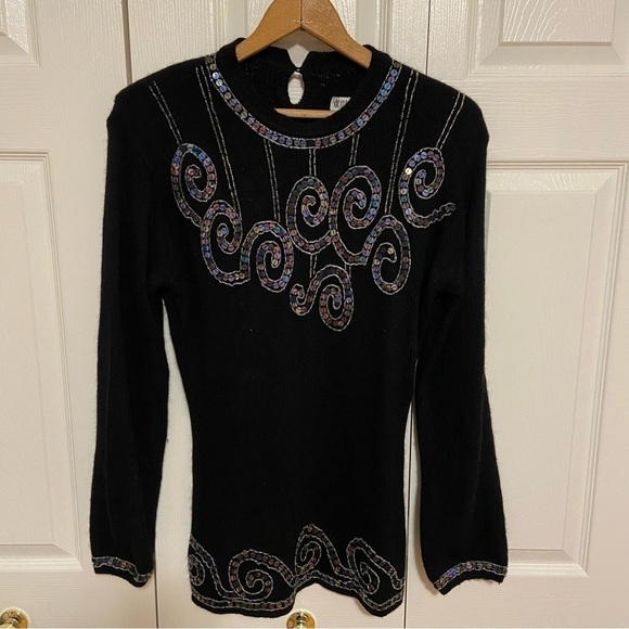 Vintage Angora Wool Silk Blend Bedazzled Embroidered Sequins Cozy Sweater Large - Picture 3 of 14